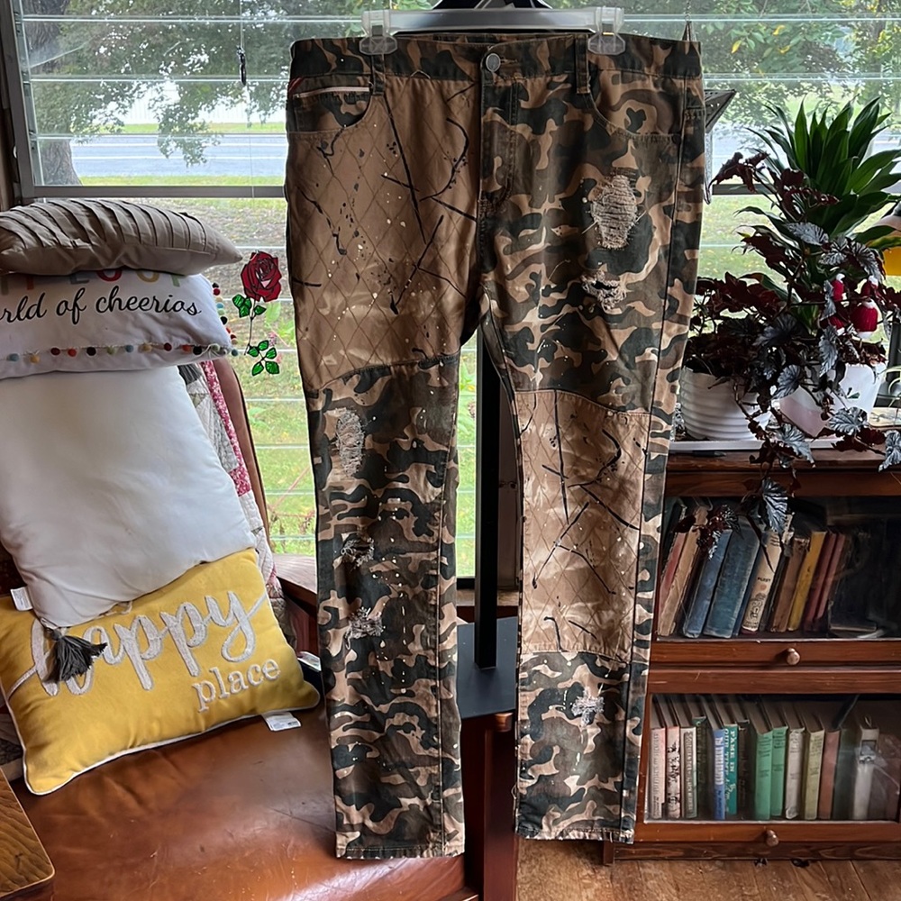 SQUARE ZERO Distressed camouflage paint splatter canvas pant 38x30
